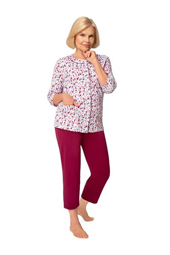 201 Maria II Pijamale damă Martel bordo 42 – bumbac, tricou cu flori, mânecă 3/4, pantaloni 3/4, confort pentru somn