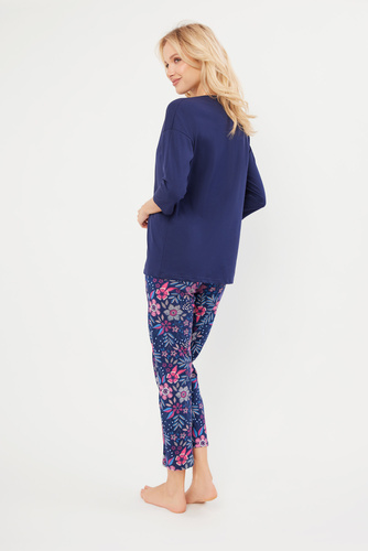 Folk Pijama de damă mâneci 3/4, pantaloni 7/8 Modă italiană - albastru marin/print