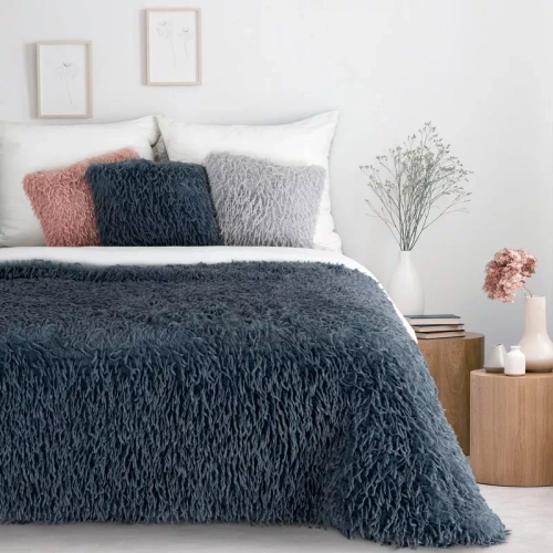 Pătură Adore, cuvertură de pat cu draperii, shaggy, blană, bleumarin