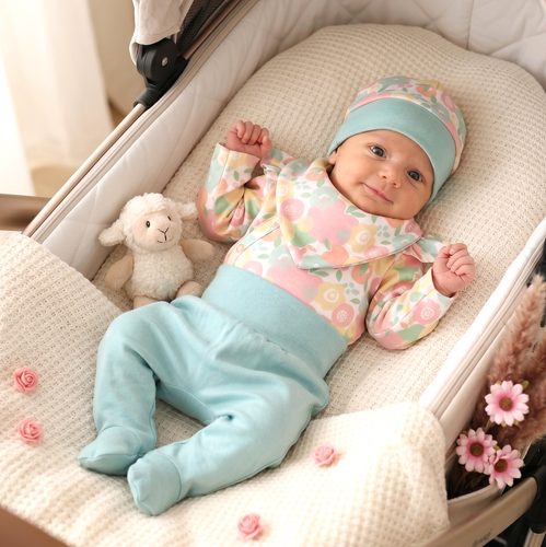 Set bebeluși NINI Colorful Fruits bumbac organic body pantaloni căciuliță fete