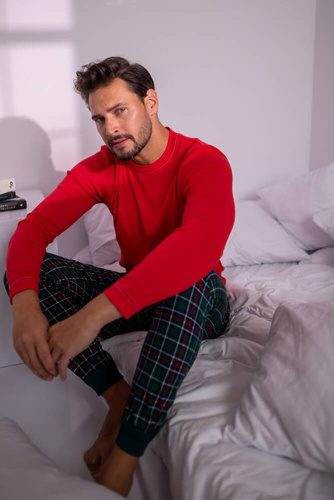 Fogo Pijama bărbătească cu mânecă lungă, pantaloni lungi Italian Fashion - roșu/print 