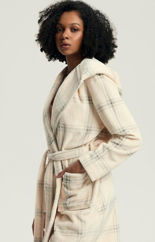 Halat de baie Danna Henderson alb pentru femei - cu glugă, în carouri