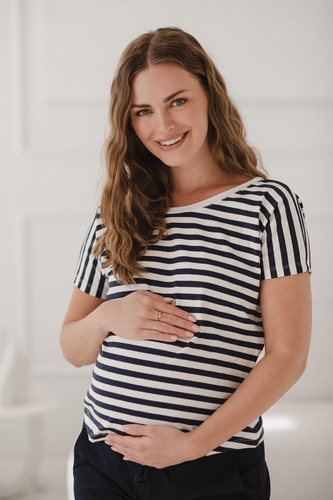 Bluză reversabilă de maternitate și alăptare Two Ways | Mânecă scurtă, confortabilă Milk&Love bleumarin și dungi albe
