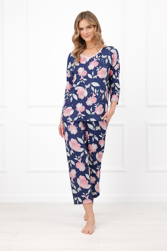 Pijamale damă Italian Fashion Entina bumbac, imprimeu floral, mânecă 3/4, pantaloni 7/8