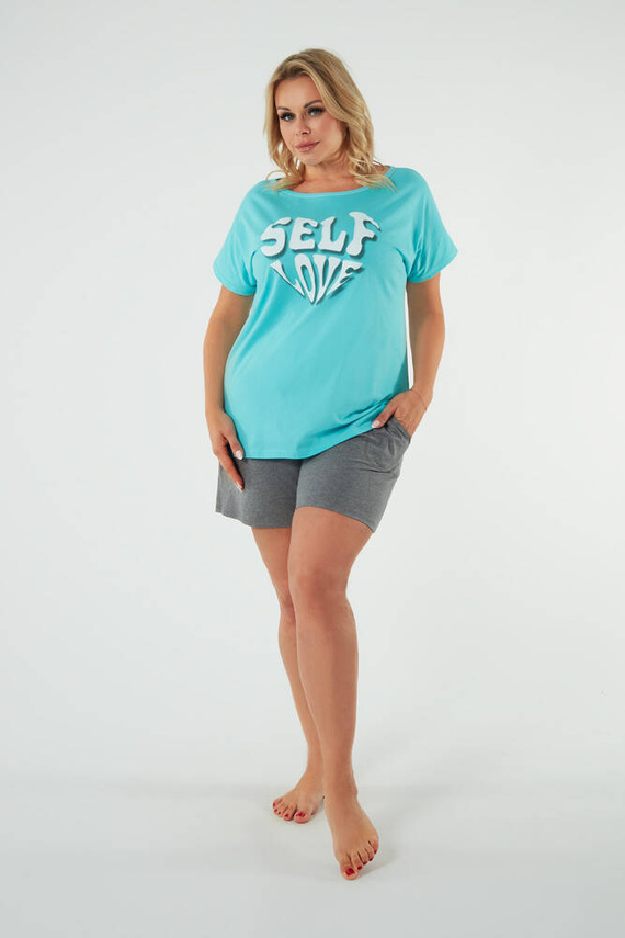 Selfie Ladies' pijama cu mânecă scurtă, pantaloni scurți Italian Fashion - turcoaz/melange
