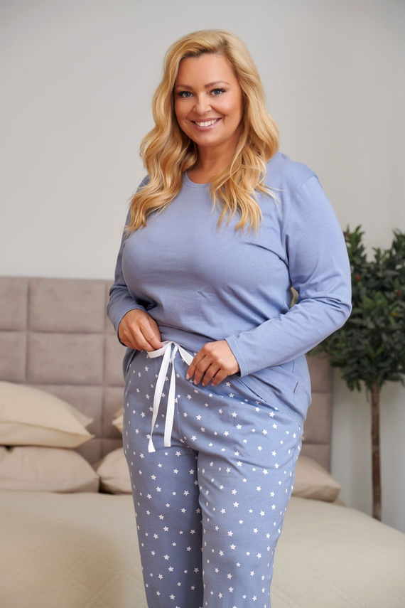 Pijamale damă Doctor Nap 7555, 100% bumbac, albastru, pantaloni lungi, model cu stele
