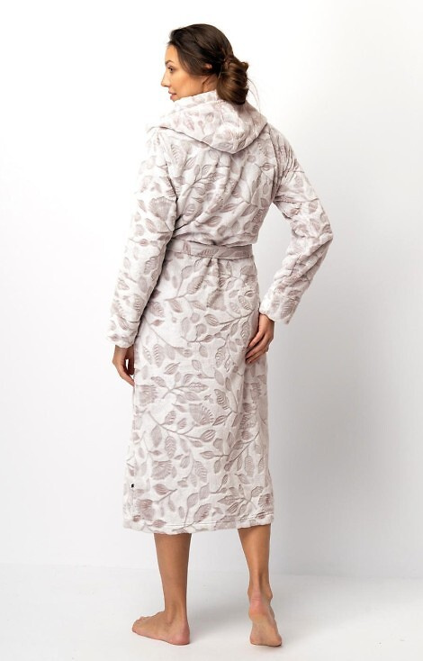 Halat de baie pentru femei LGL 545 Key ecru-mocca – moale, cu glugă, legat în talie