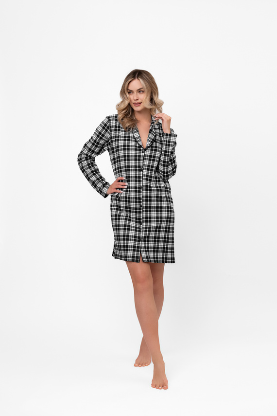 Cămașă de noapte pentru femei Klara - mânecă lungă, bumbac, în carouri, descheiată Modă italiană