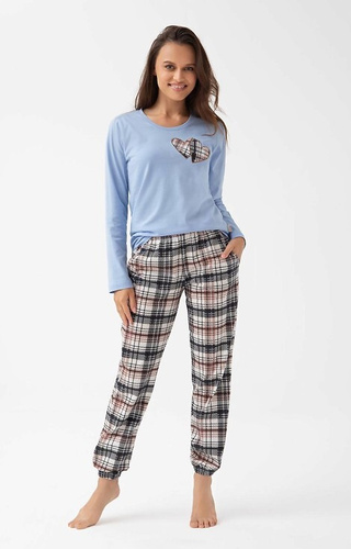 322 Luna albastru – pijamale de damă din bumbac, inimioare, mâneci lungi, pantaloni în carouri