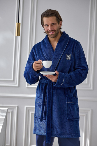 L&L Elegant 2664 Halat de baie bărbați scurt, moale, cu model wafel și guler, navy