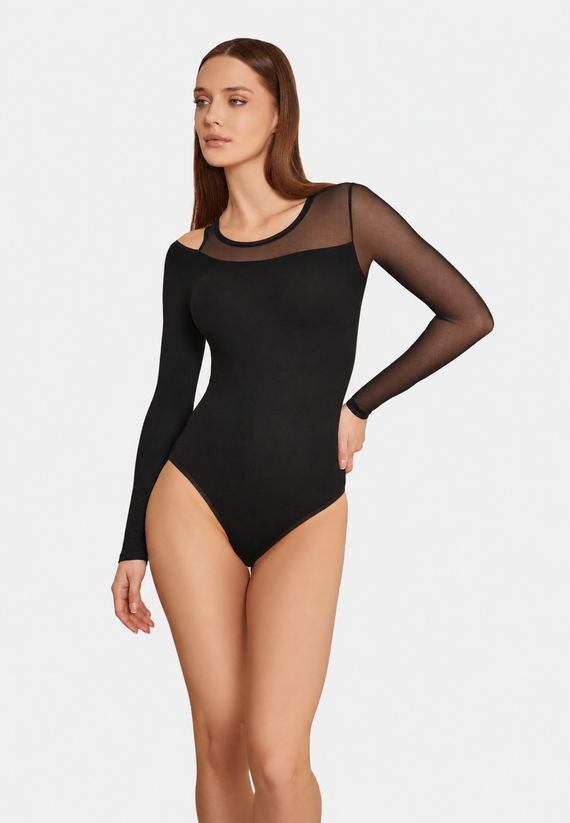 Body damă Teyli 2458 negru din vâscoză, cu mânecă lungă și tulle
