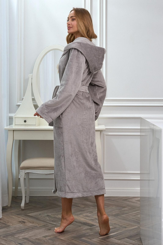 L&L 2602 Honey Halat lung de damă cu glugă, moale, cu cordon, gri