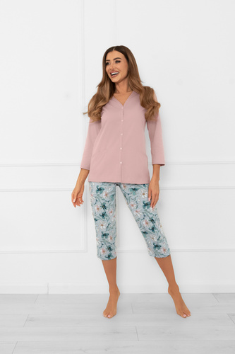 Pijama pentru femei Sekwoja - bumbac, mânecă 3/4 și pantaloni, cu nasturi Italian Fashion  