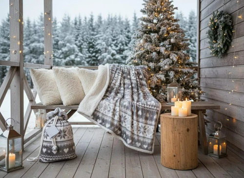 Pătură de Crăciun SACO, gri – moale și călduroasă cu model norvegian de fulgi de nea, într-o pungă decorativă