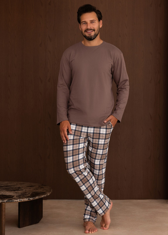 Pijamale bărbați Regina 6006 100% bumbac Pantaloni lungi în carouri - maro