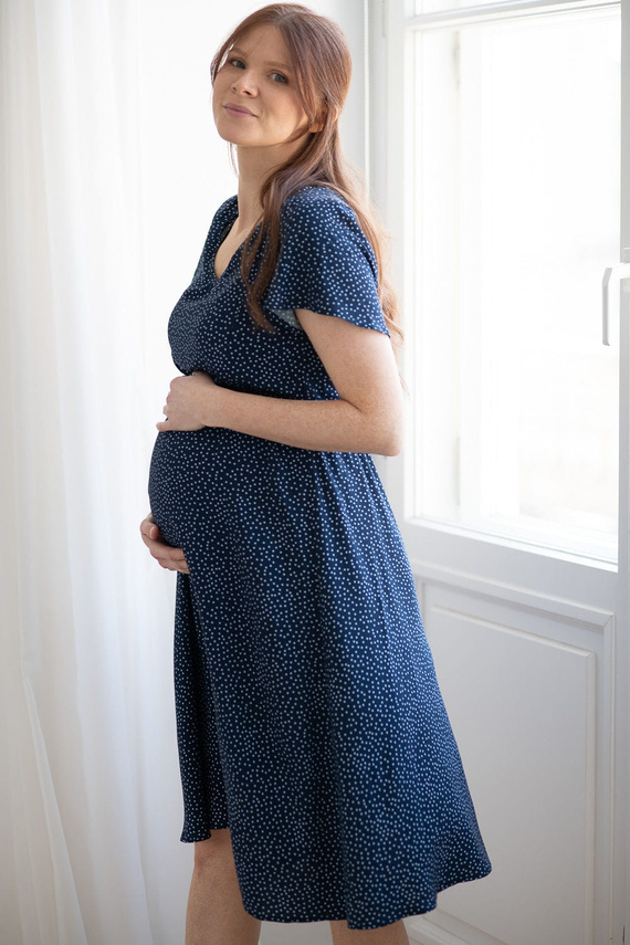 Lovely Dress Rochie midi de maternitate si alaptare, maneca scurta, Milk&Love, bleumarin cu buline