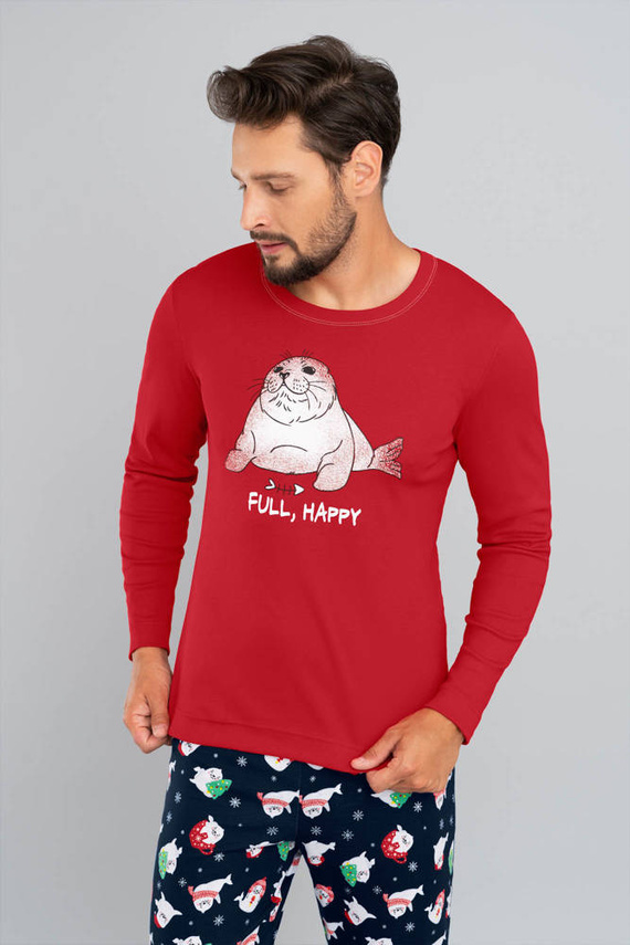 Elder Pijamale Bărbați cu mânecă lungă, pantaloni lungi Italian Fashion- roșu/print albastru marin