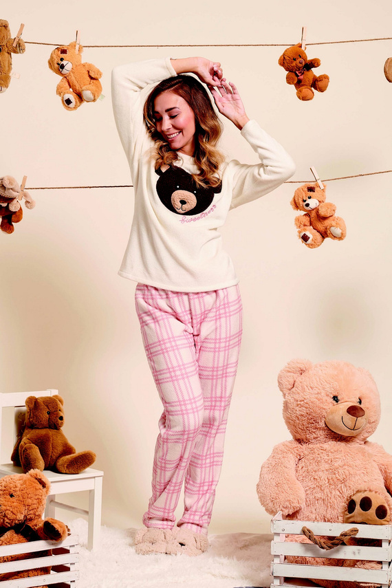 Pijamale dama Madlen Sorbetto ecru - fleece, cu broderie ursuleti si pantaloni in carouri