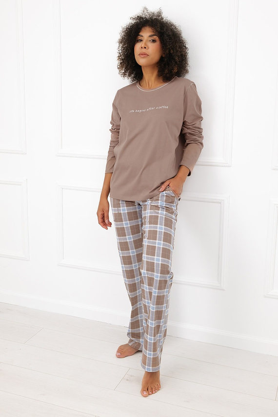 Pijamale damă Italian Fashion Delma 100% bumbac, pantaloni lungi în carouri cappuccino