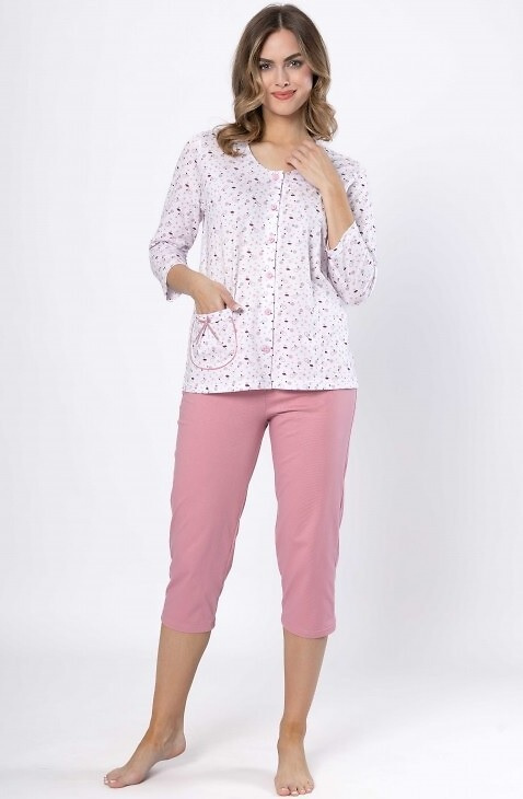 Pijamale de dama Dobrusia 1636 – bumbac roz, maneci 3/4, inchise cu nasturi