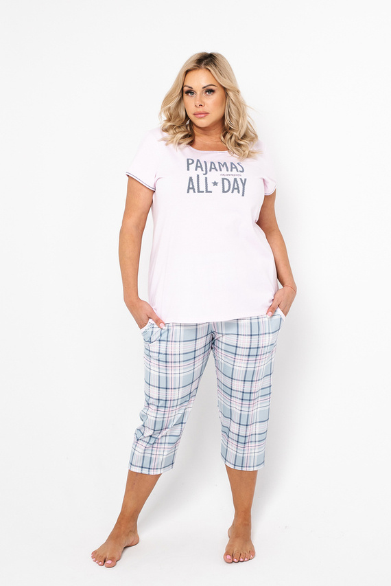 Pijama Glamour pentru femei cu mânecă scurtă și pantaloni 3/4 Italian Fashion - roz/print