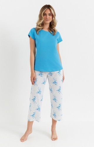 489 Pijamale dama Cana azure - bumbac, tricou + pantaloni 3/4 cu buzunare