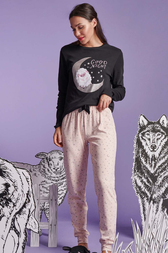 Pijamale dama Shearly Sorbetto neagra - 100% bumbac, aplicare 3D, pantaloni cu mansete