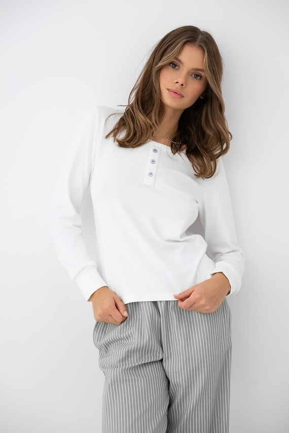 Sensis Salma pijama damă ecru-gri cu mânecă lungă și pantaloni cu dungi