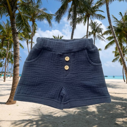 SZ55305 Mamatti pantaloni scurți mușlin bleumarin cu buzunare și nasturi pentru vară