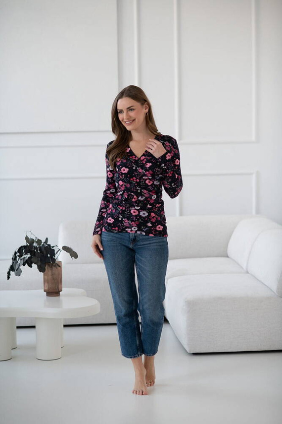 Milk Bar Milk&Love bluză neagră pentru alăptare și maternitate cu flori