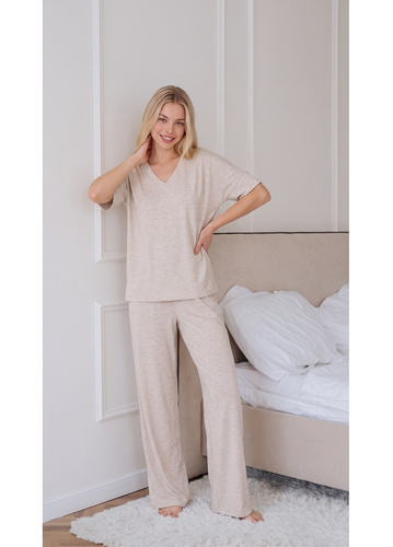 Luna 1314 pijama damă oversize bej 100% bumbac pantaloni largi