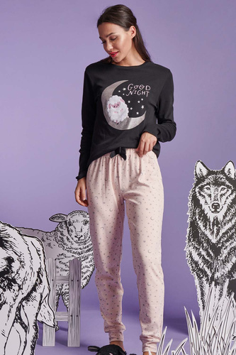 Pijamale dama Shearly Sorbetto neagra - 100% bumbac, aplicare 3D, pantaloni cu mansete