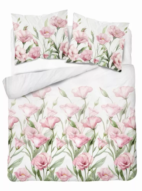 5328 B Lenjerie de pat din satin Flori roz mari pe fond alb Detexpol