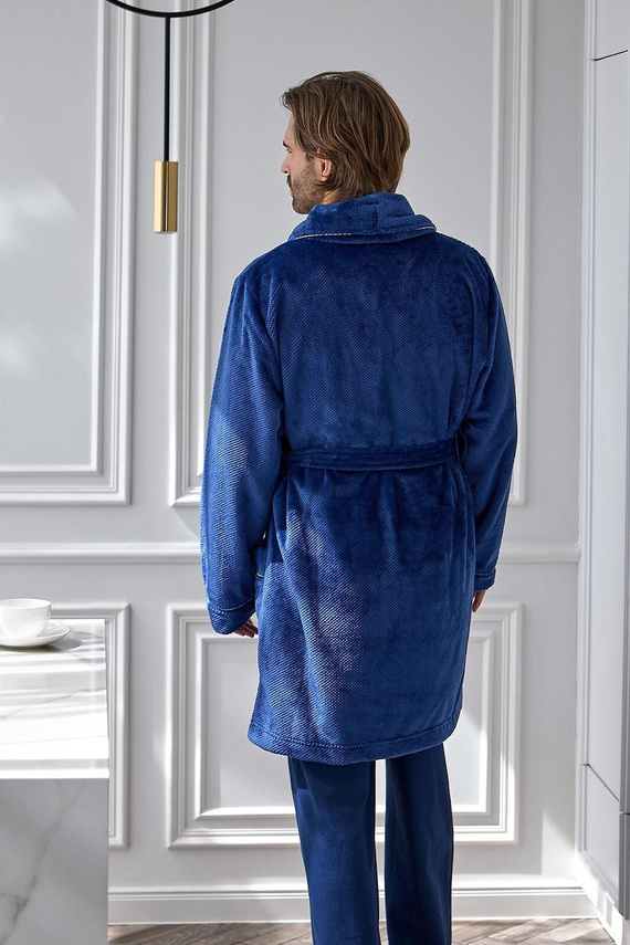 L&L Elegant 2664 Halat de baie bărbați scurt, moale, cu model wafel și guler, navy