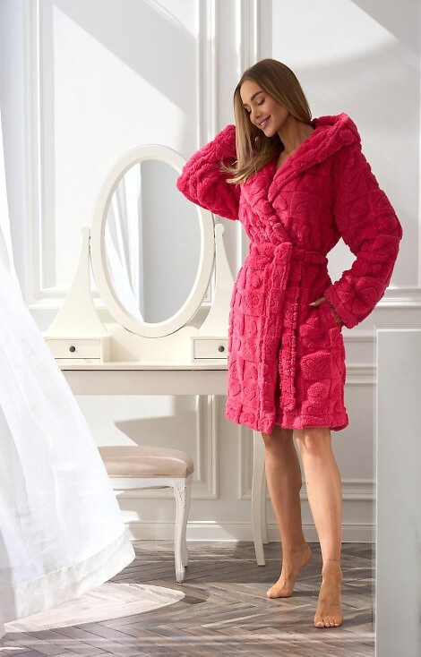 2553 Valentina L&L halat de baie scurt dama cu gluga si buzunare - zmeura