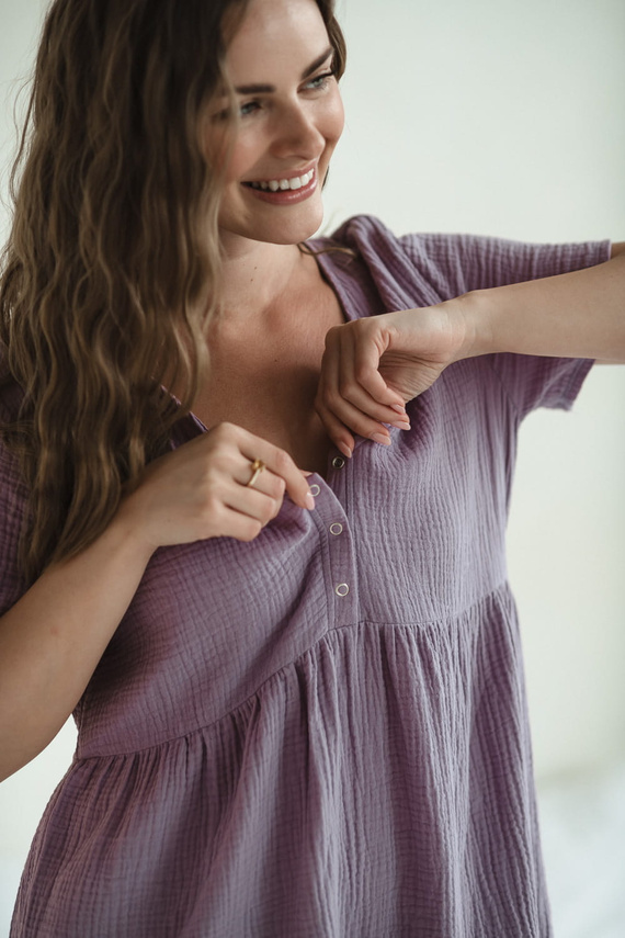 Cămașă de noapte de maternitate și alăptare din muselină Aurora Milk&Love lavanda