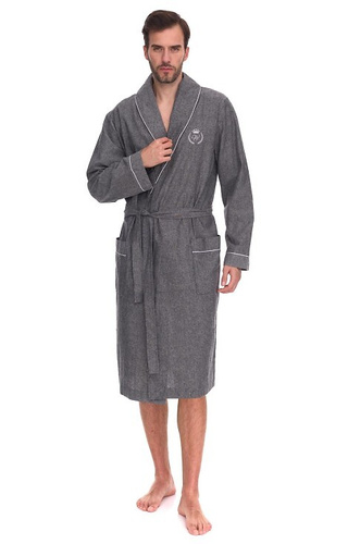 2532 Halat de baie Zeus pentru bărbați, gri, L&L – Lung, bumbac, melanj, clasic