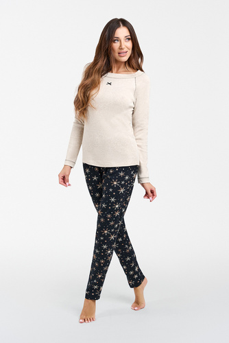 Denali Pijama de damă cu mânecă lungă, pantaloni lungi Italian Fashion- bej melange/print