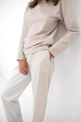 Pijamale damă Sensis Lyanna bej, bumbac, pantaloni lungi cu imprimeu floral