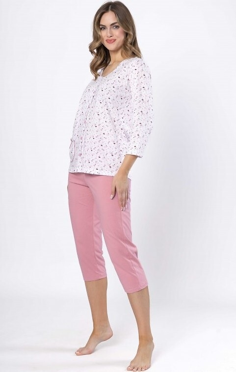 Pijamale de dama Dobrusia 1636 – bumbac roz, maneci 3/4, inchise cu nasturi