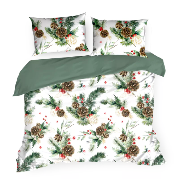 Lenjerie de pat Pino Craciun, perdele euro, alb/verde