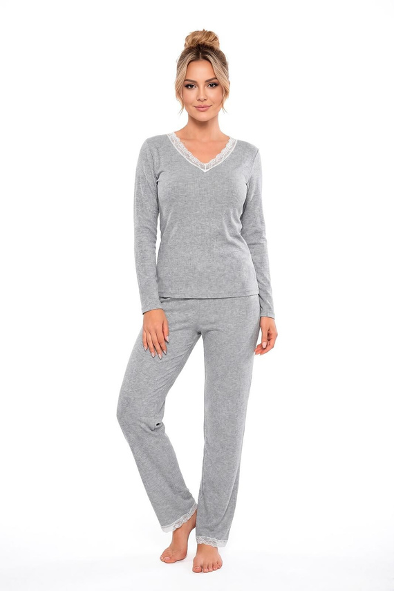 Donna Megi Long pijama damă gri, mânecă lungă și pantaloni, dantelă