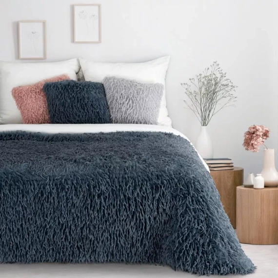 Pătură Adore, cuvertură de pat cu draperii, shaggy, blană, bleumarin