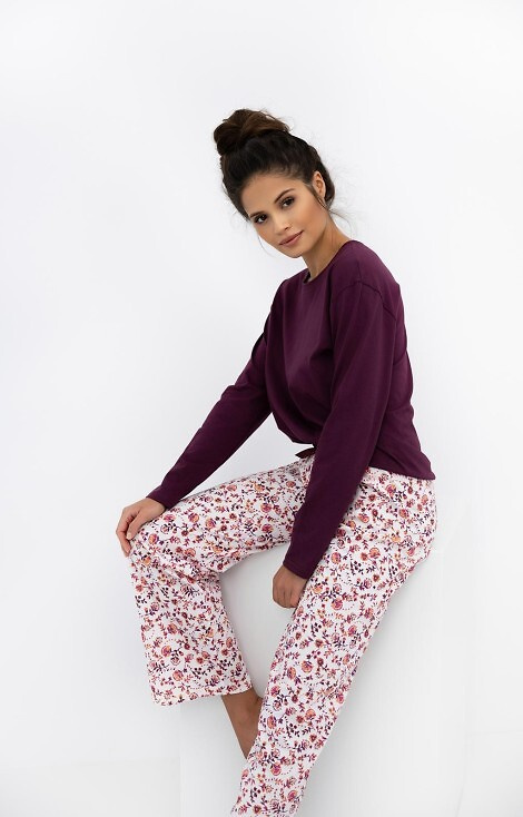 Pijamale pentru femei Heidi Sensis – 100% bumbac, tricou vișiniu, pantaloni cu imprimeu floral