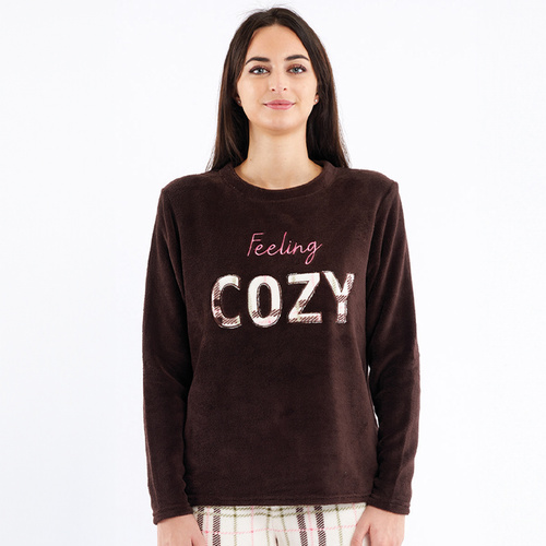 Pijamale Liliana Sorbetto maro – fleece călduros cu model în carouri și broderie