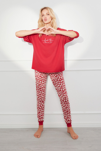 Evora Pijama de damă cu mânecă lungă, pantaloni lungi Italian Fashion - roșu/print