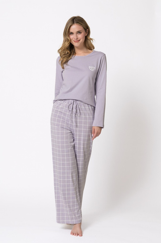 Pijamale damă Leveza 1781 Laura liliac 100% bumbac ursuleț în carouri