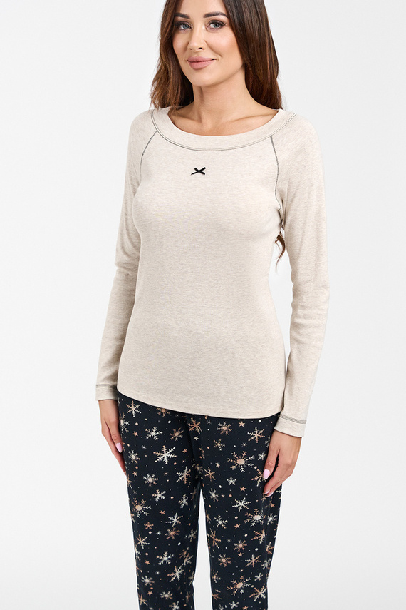 Denali Pijama de damă cu mânecă lungă, pantaloni lungi Italian Fashion- bej melange/print