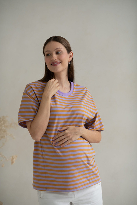 Tricou Mamahood Milk&Love pentru sarcina și alăptare, dungi miere și liliac – confortabil și elegant