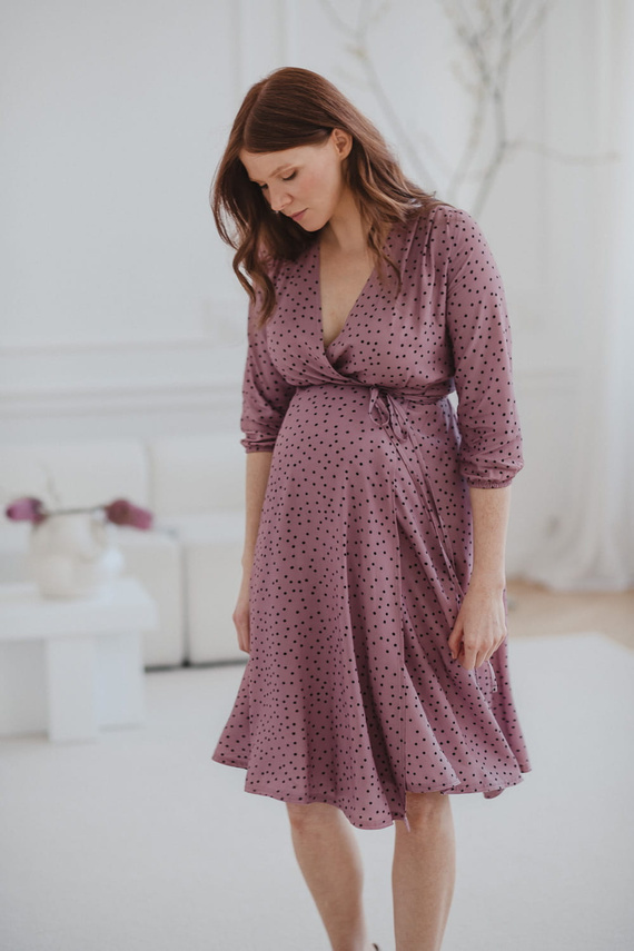 Rochie de maternitate si alaptare Milk Shake, maneca 3/4 Milk&Love, liliac cu buline